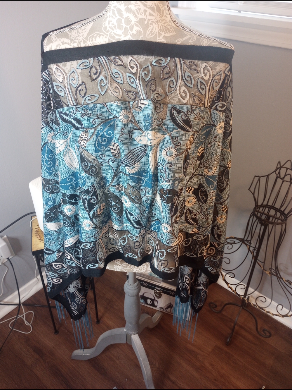 Boho Floral Fringe Poncho - Blue and Black